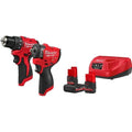 Milwaukee M12 FPP2SE-522 konepaketti 3/8" mutterinväännin ja porakone + 2.5ah ja 5.0ah akut