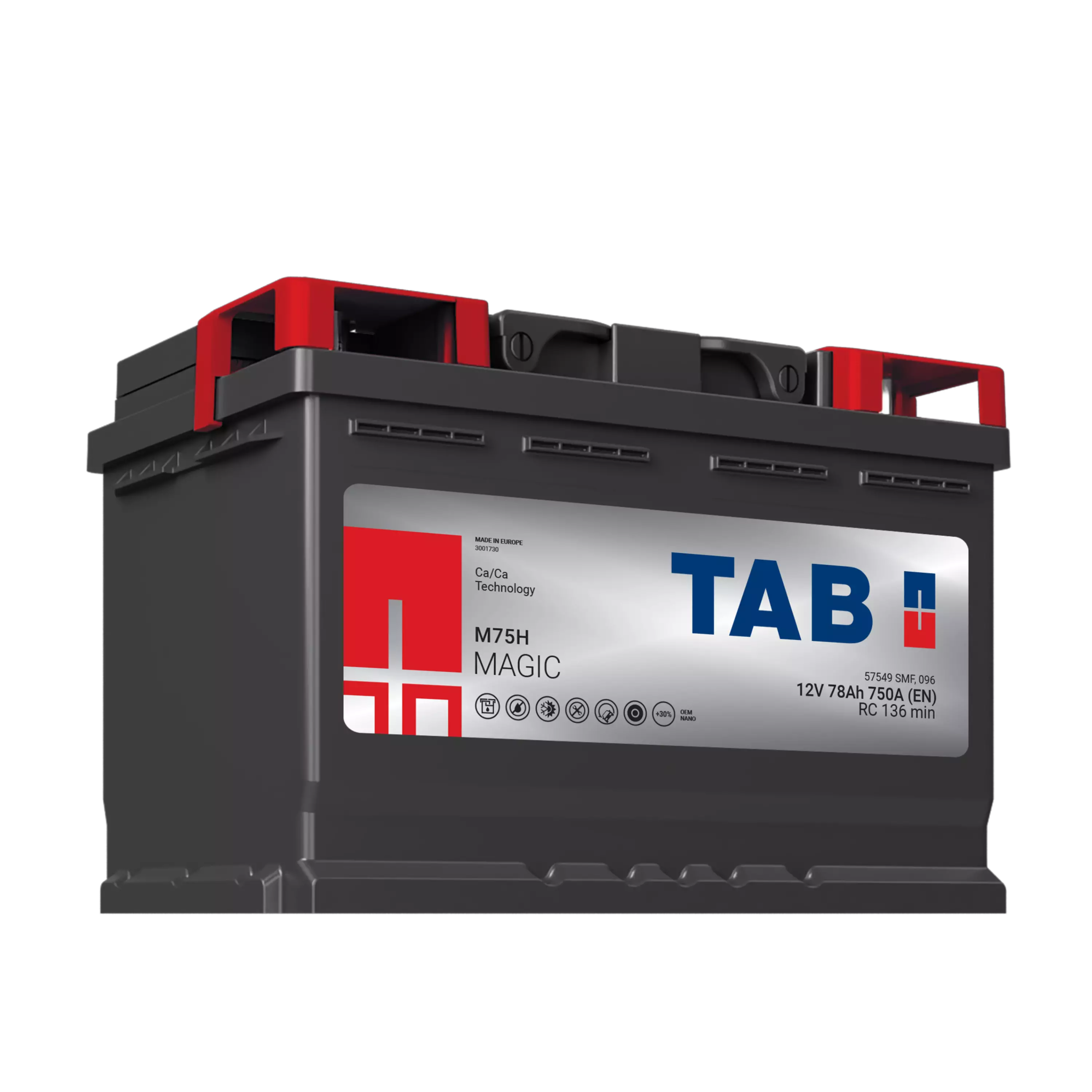 TAB käynnistysakku Magic M75H 12V 78Ah 750A(EN 278x175x190 - + (1000700)